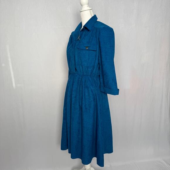 Reworked Vintage 80s S.L. Petites Blue Suede-Look Midi Dress, Size 8 - Picture 7 of 11
